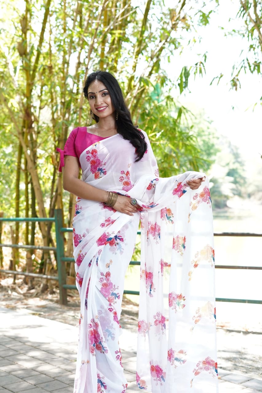 One Minute Ready To Wear White Soft Georgette Flower Printed Saree