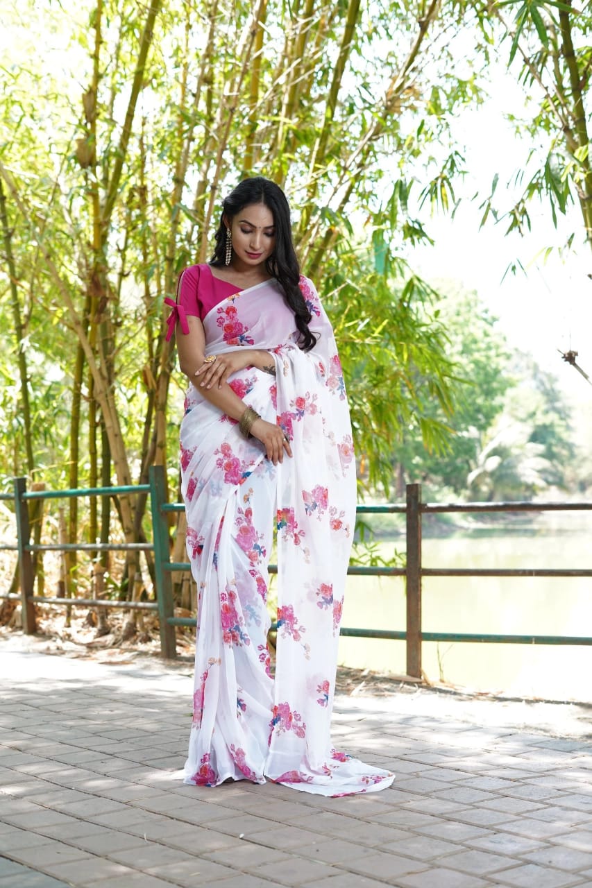 One Minute Ready To Wear White Soft Georgette Flower Printed Saree