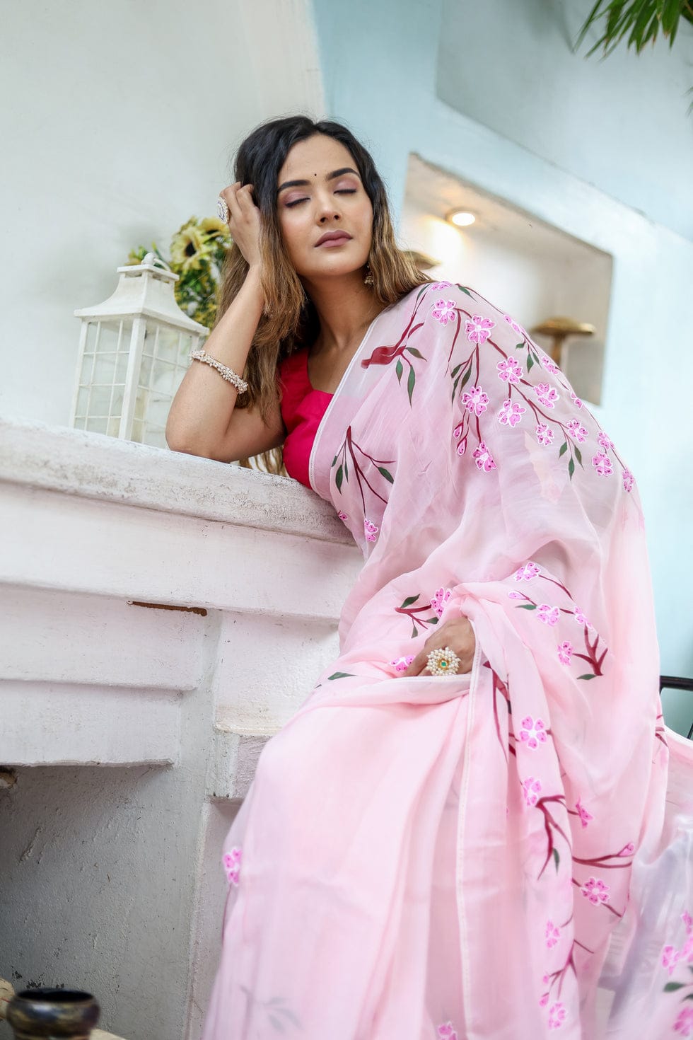 One Minute Ready To Wear Light Pink Pure Soft Georgette Silk with Flower Pattern Saree