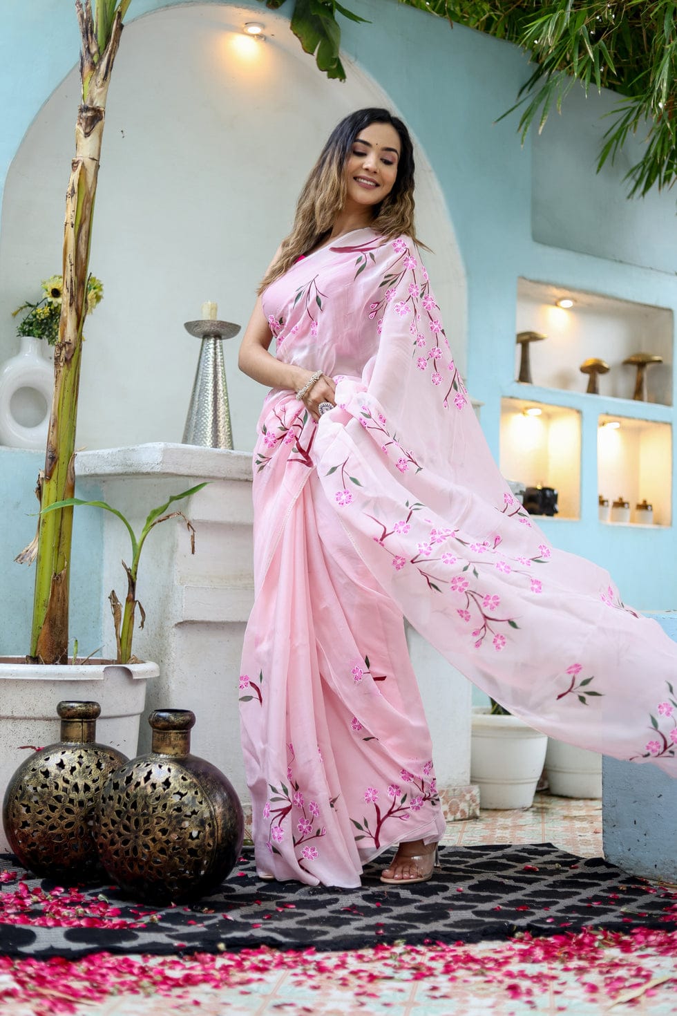 One Minute Ready To Wear Light Pink Pure Soft Georgette Silk with Flower Pattern Saree