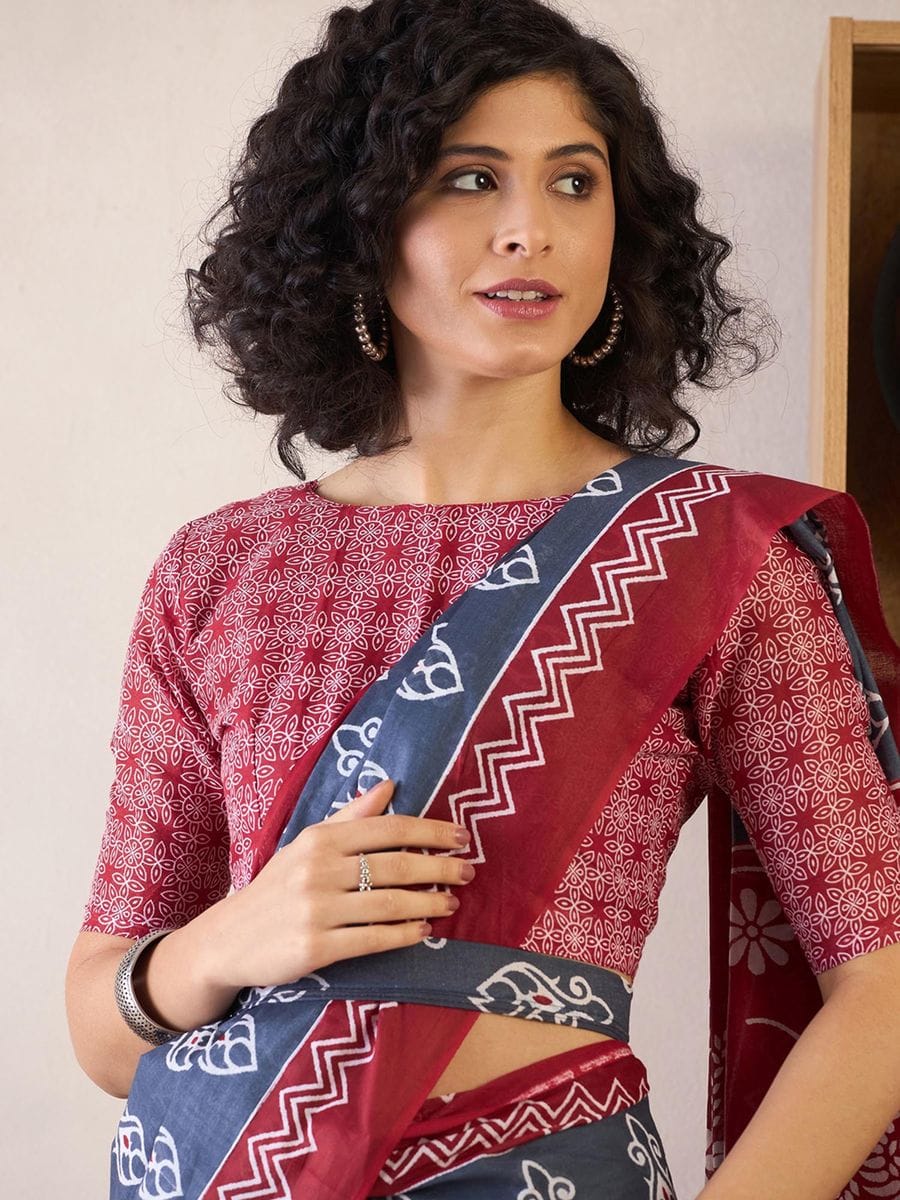 One Minute Ready To Wear Red & Blue Ethnic Motifs Poly Cotton Ikat With Pocket Saree