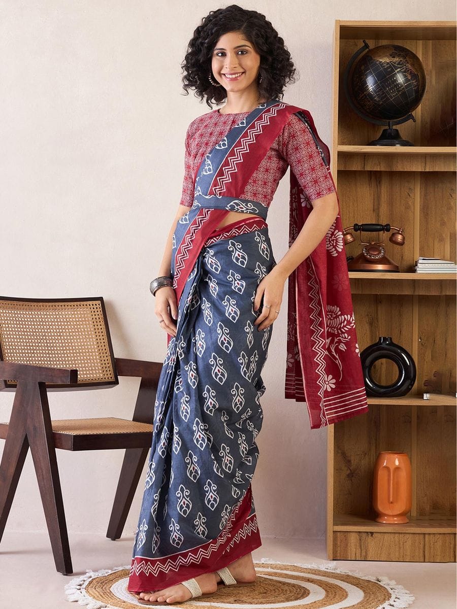 One Minute Ready To Wear Red & Blue Ethnic Motifs Poly Cotton Ikat With Pocket Saree