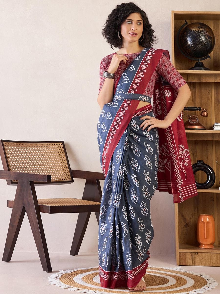 One Minute Ready To Wear Red & Blue Ethnic Motifs Poly Cotton Ikat With Pocket Saree