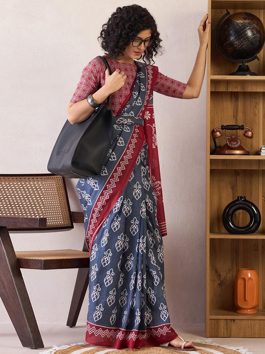 One Minute Ready To Wear Red & Blue Ethnic Motifs Poly Cotton Ikat With Pocket Saree