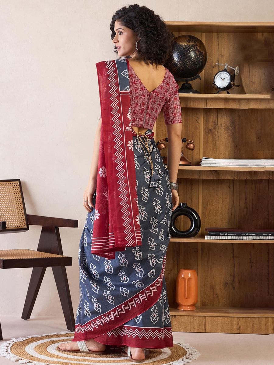 One Minute Ready To Wear Red & Blue Ethnic Motifs Poly Cotton Ikat With Pocket Saree