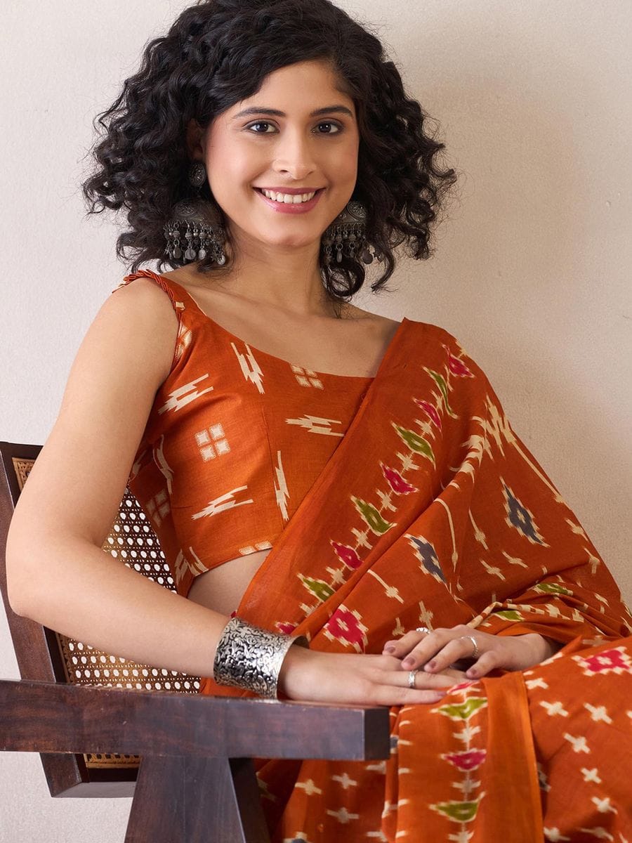 One Minute Ready To Wear Orange Ethnic Motifs Poly Cotton Ikat With Pocket Saree