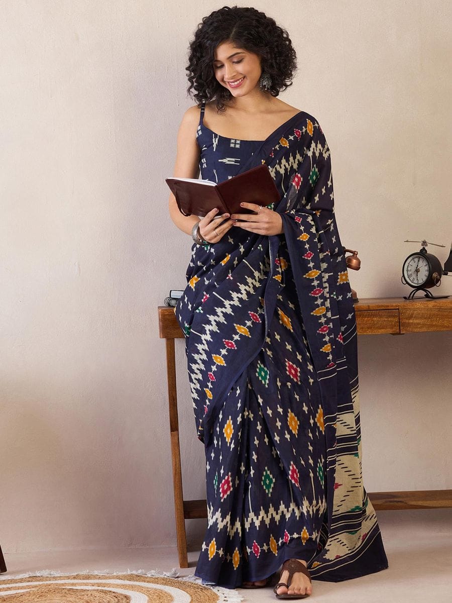 One Minute Ready To Wear Navy Blue Ethnic Motifs Poly Cotton Ikat With Pocket Saree