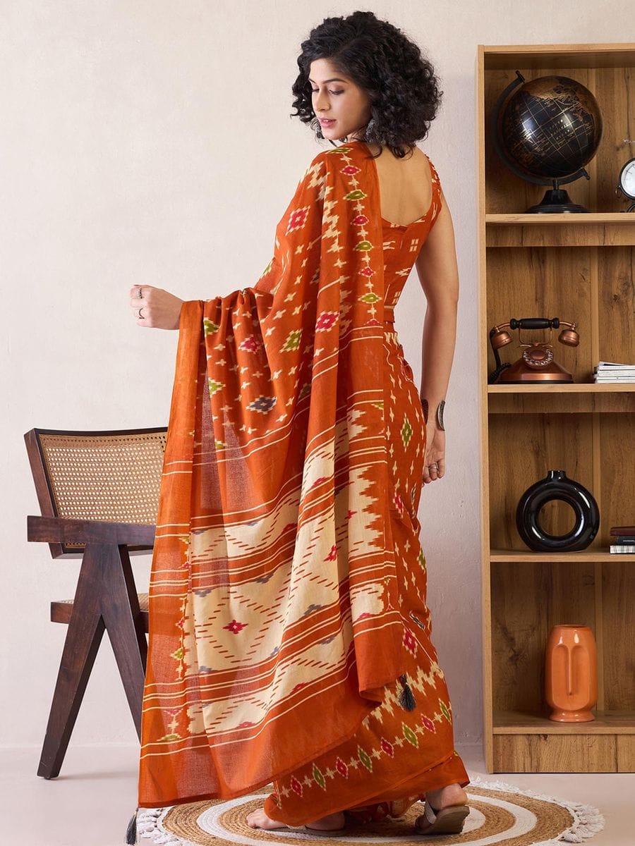One Minute Ready To Wear Orange Ethnic Motifs Poly Cotton Ikat With Pocket Saree