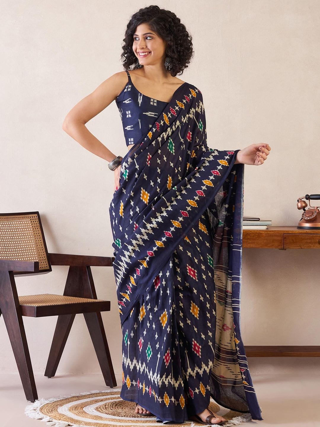 One Minute Ready To Wear Navy Blue Ethnic Motifs Poly Cotton Ikat With Pocket Saree
