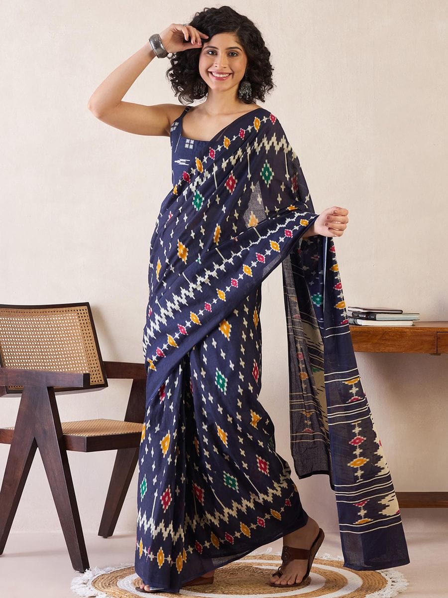 One Minute Ready To Wear Navy Blue Ethnic Motifs Poly Cotton Ikat With Pocket Saree