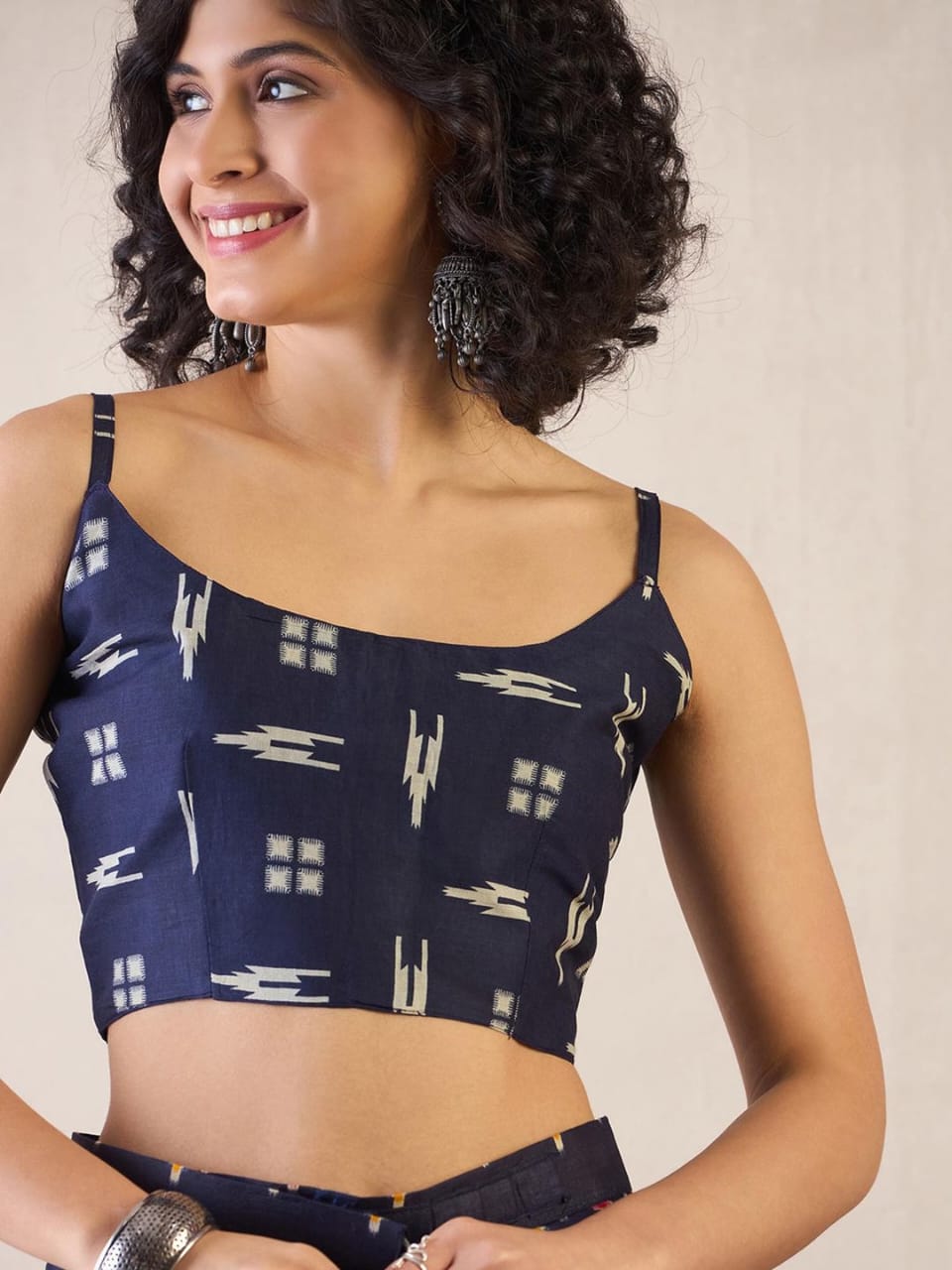 One Minute Ready To Wear Navy Blue Ethnic Motifs Poly Cotton Ikat With Pocket Saree