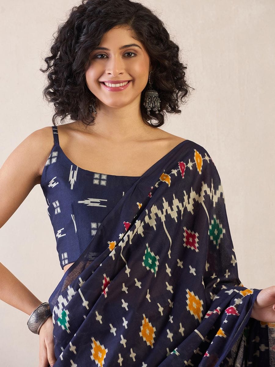 One Minute Ready To Wear Navy Blue Ethnic Motifs Poly Cotton Ikat With Pocket Saree