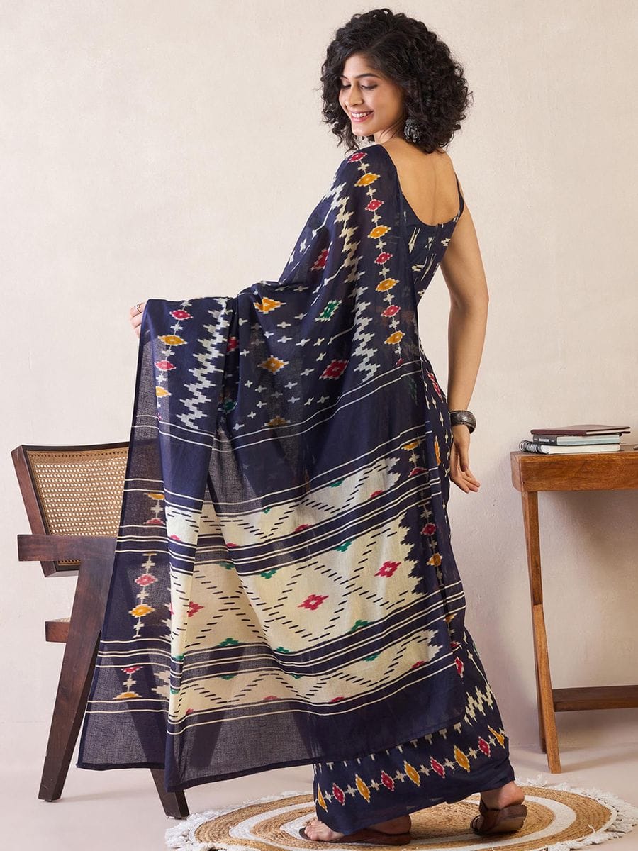 One Minute Ready To Wear Navy Blue Ethnic Motifs Poly Cotton Ikat With Pocket Saree