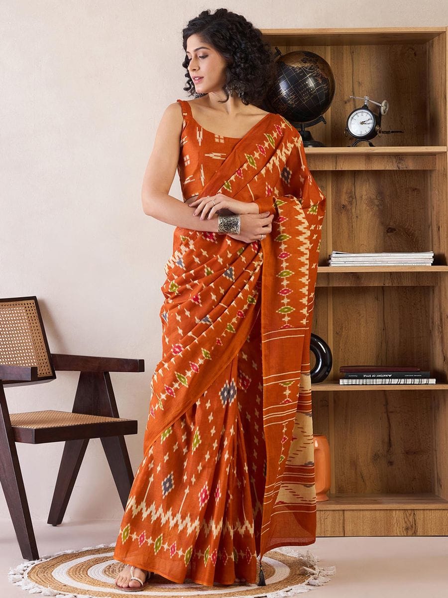 One Minute Ready To Wear Orange Ethnic Motifs Poly Cotton Ikat With Pocket Saree