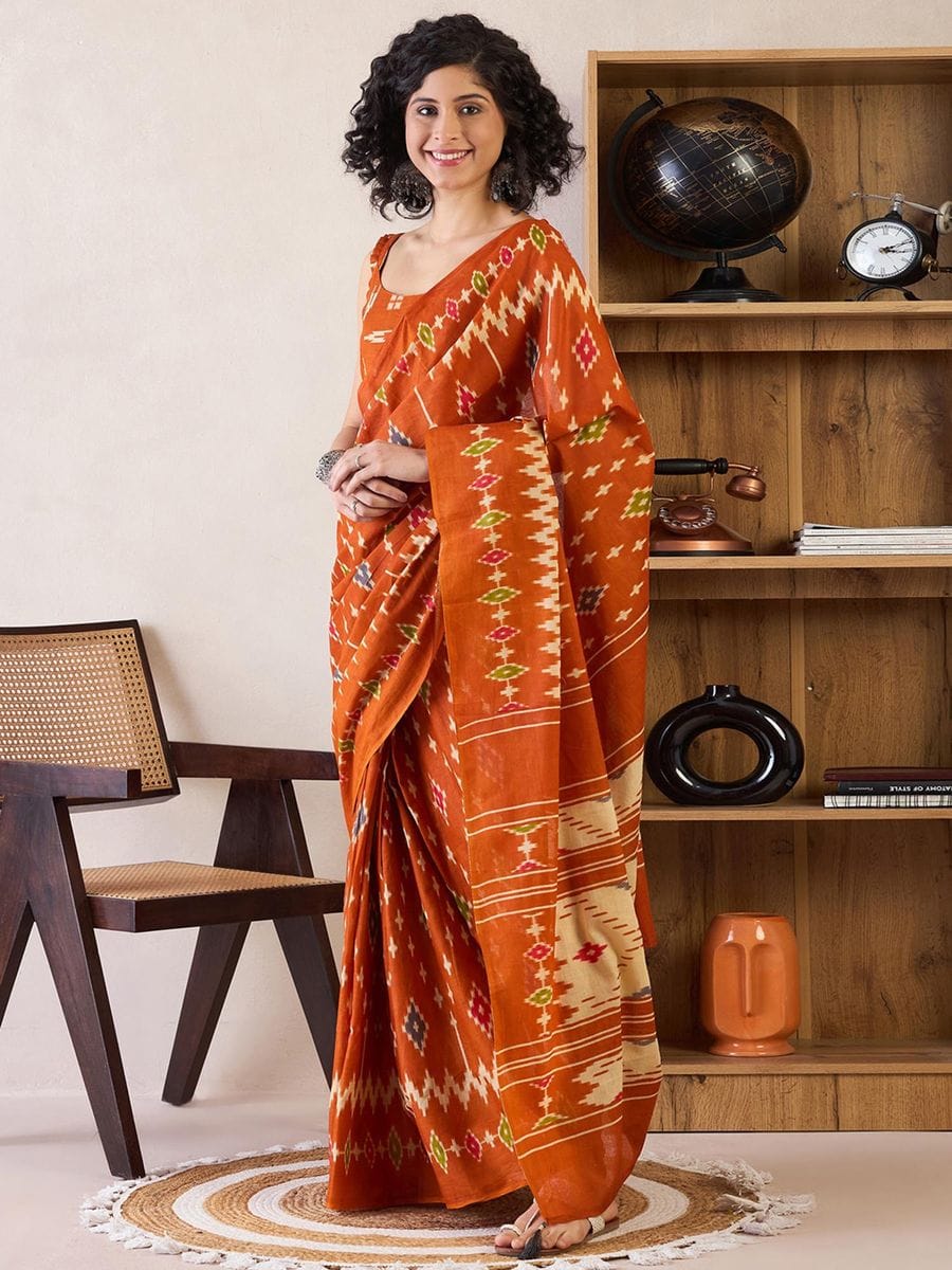 One Minute Ready To Wear Orange Ethnic Motifs Poly Cotton Ikat With Pocket Saree
