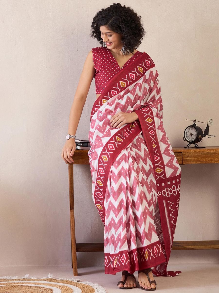 One Minute Ready To Wear Red & White Ethnic Motifs Poly Cotton Ikat With Pocket Saree