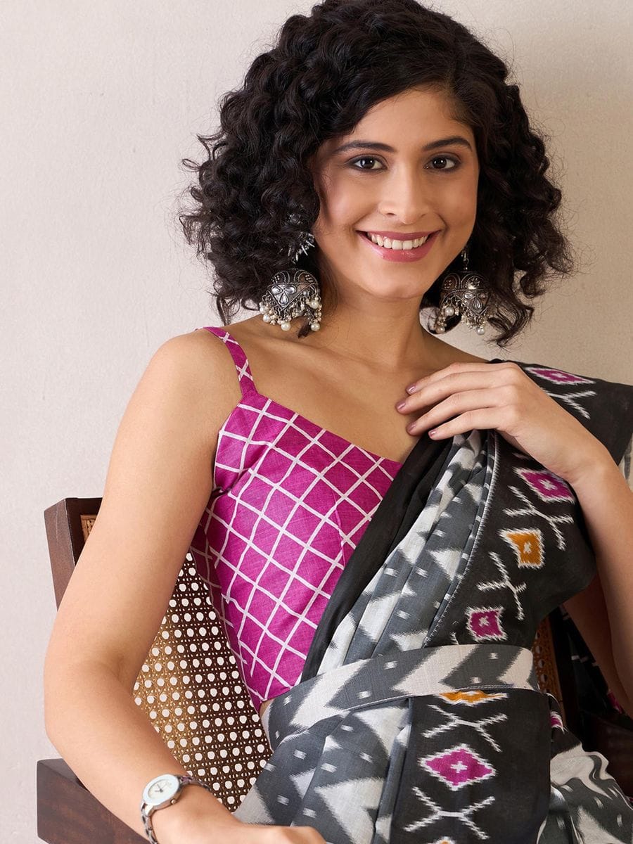 One Minute Ready To Wear White & Black Ethnic Motifs Poly Cotton Ikat With Pocket Saree