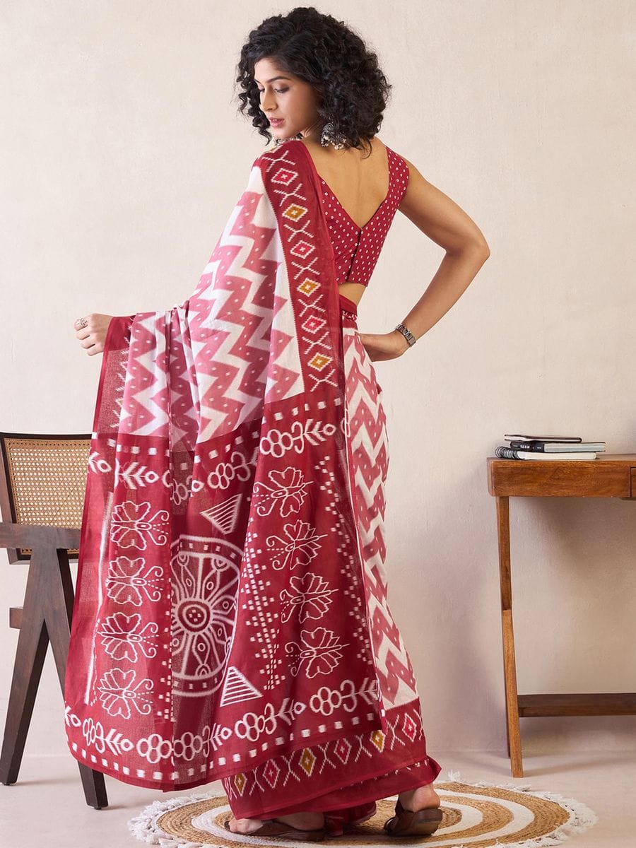 One Minute Ready To Wear Red & White Ethnic Motifs Poly Cotton Ikat With Pocket Saree