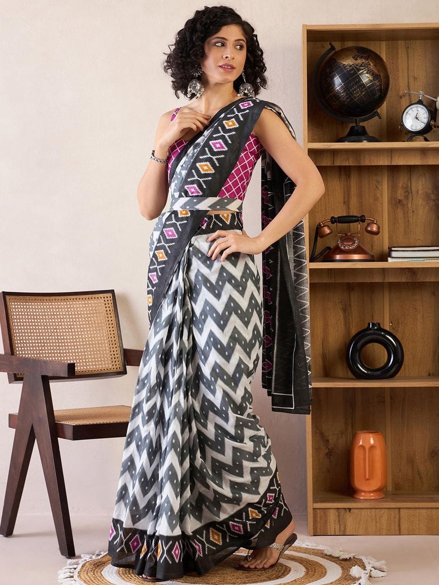 One Minute Ready To Wear White & Black Ethnic Motifs Poly Cotton Ikat With Pocket Saree