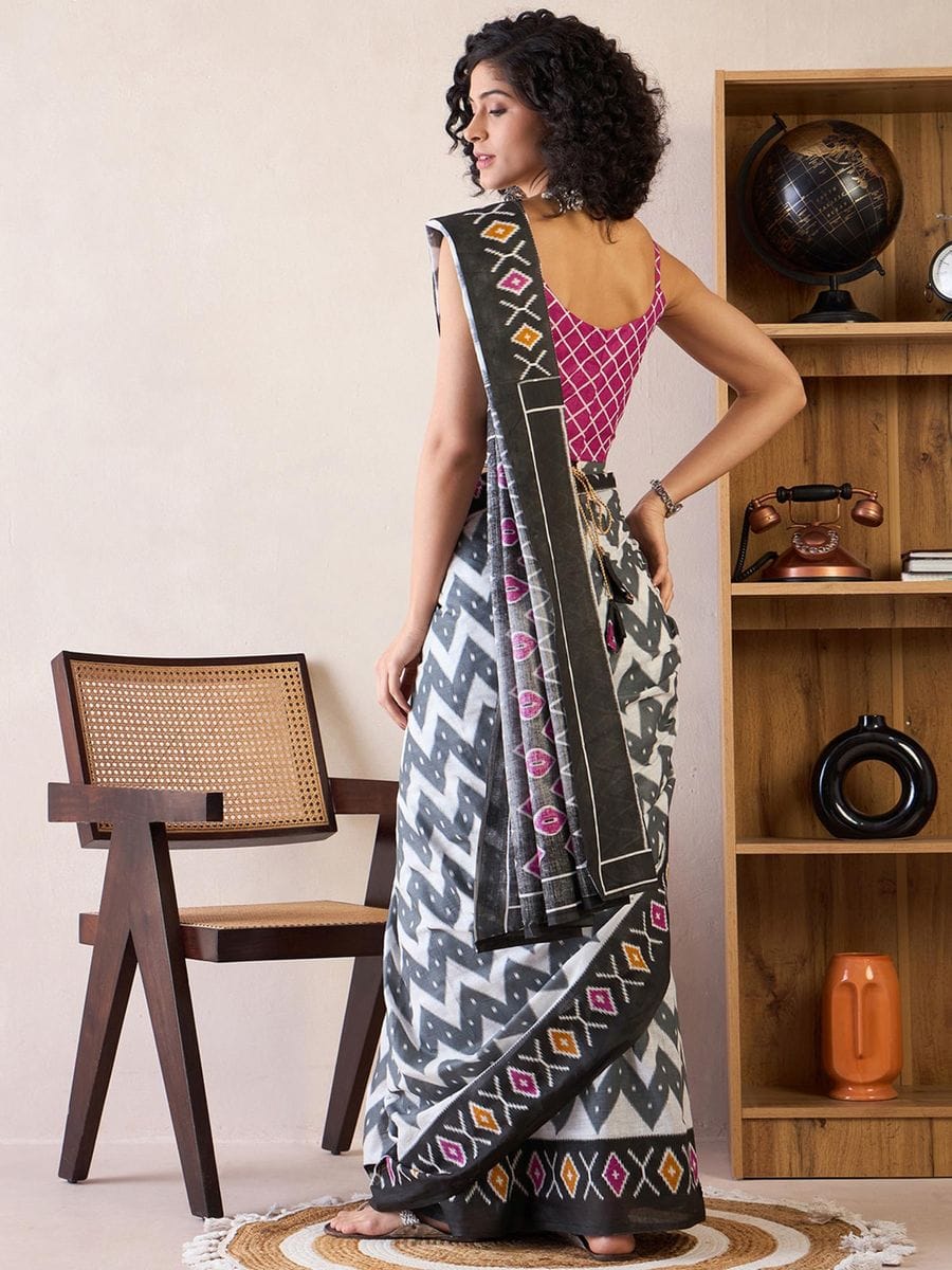 One Minute Ready To Wear White & Black Ethnic Motifs Poly Cotton Ikat With Pocket Saree