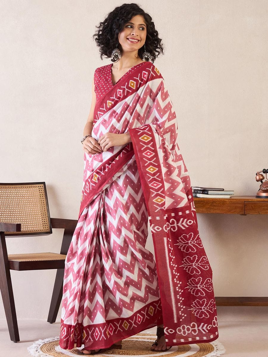 One Minute Ready To Wear Red & White Ethnic Motifs Poly Cotton Ikat With Pocket Saree