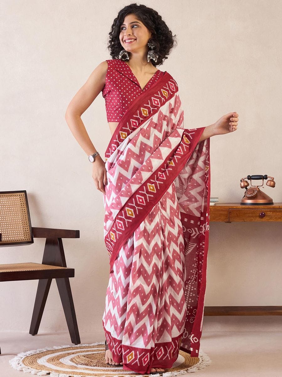 One Minute Ready To Wear Red & White Ethnic Motifs Poly Cotton Ikat With Pocket Saree