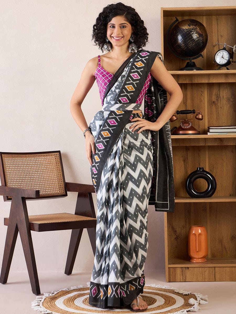 One Minute Ready To Wear White & Black Ethnic Motifs Poly Cotton Ikat With Pocket Saree