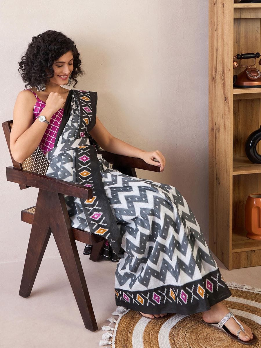 One Minute Ready To Wear White & Black Ethnic Motifs Poly Cotton Ikat With Pocket Saree
