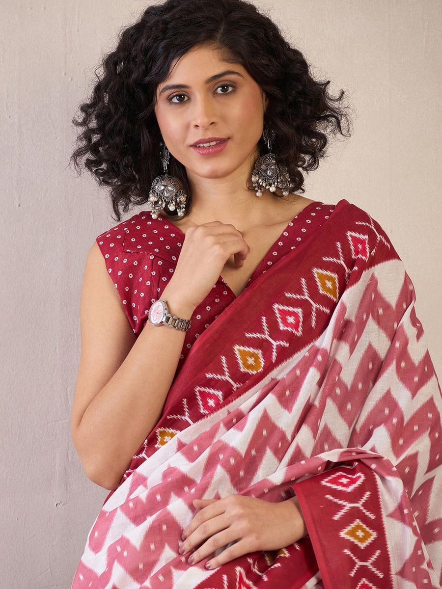 One Minute Ready To Wear Red & White Ethnic Motifs Poly Cotton Ikat With Pocket Saree