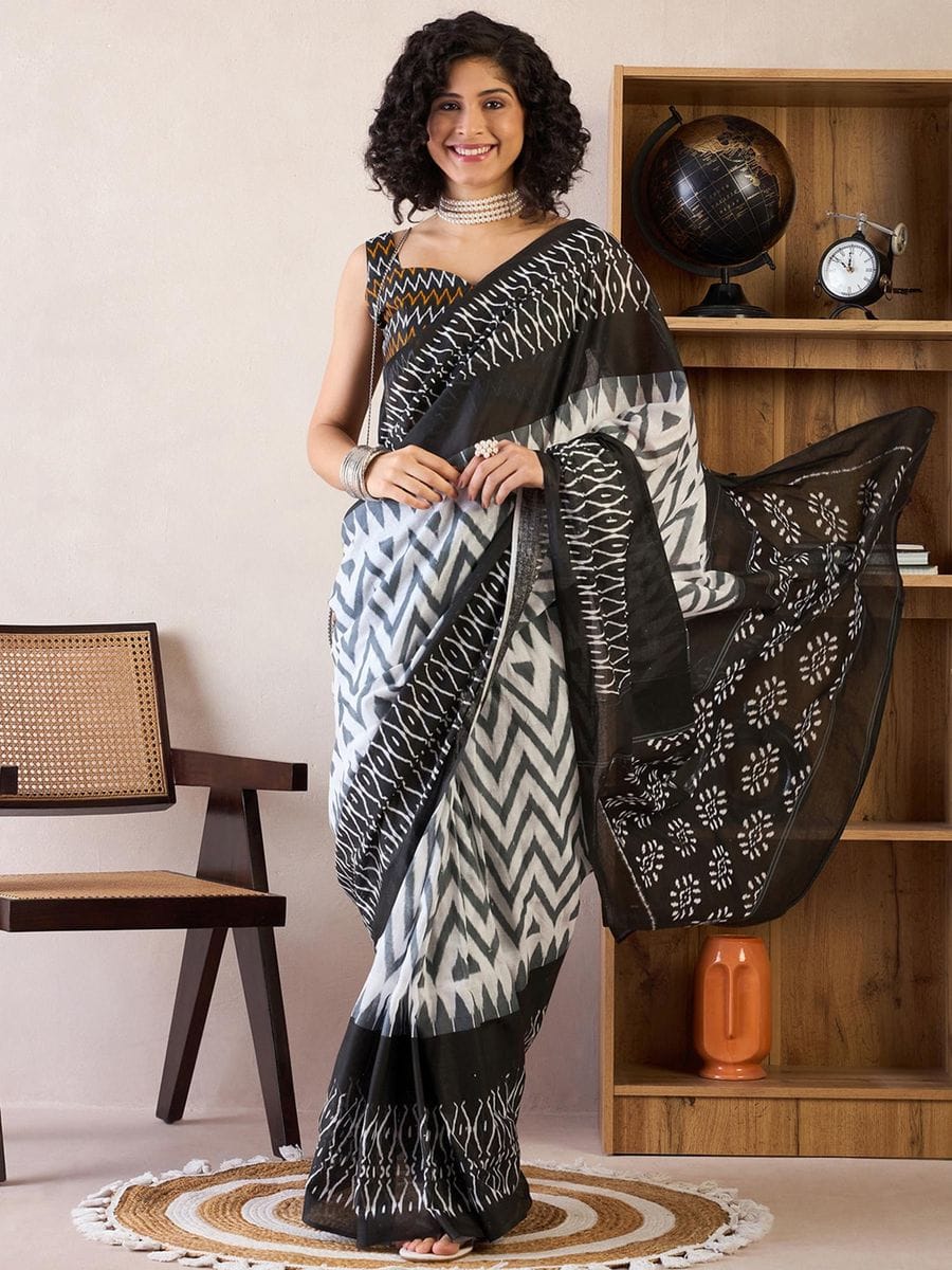 One Minute Ready To Wear Black & White Ethnic Motifs Poly Cotton Ikat With Pocket Saree