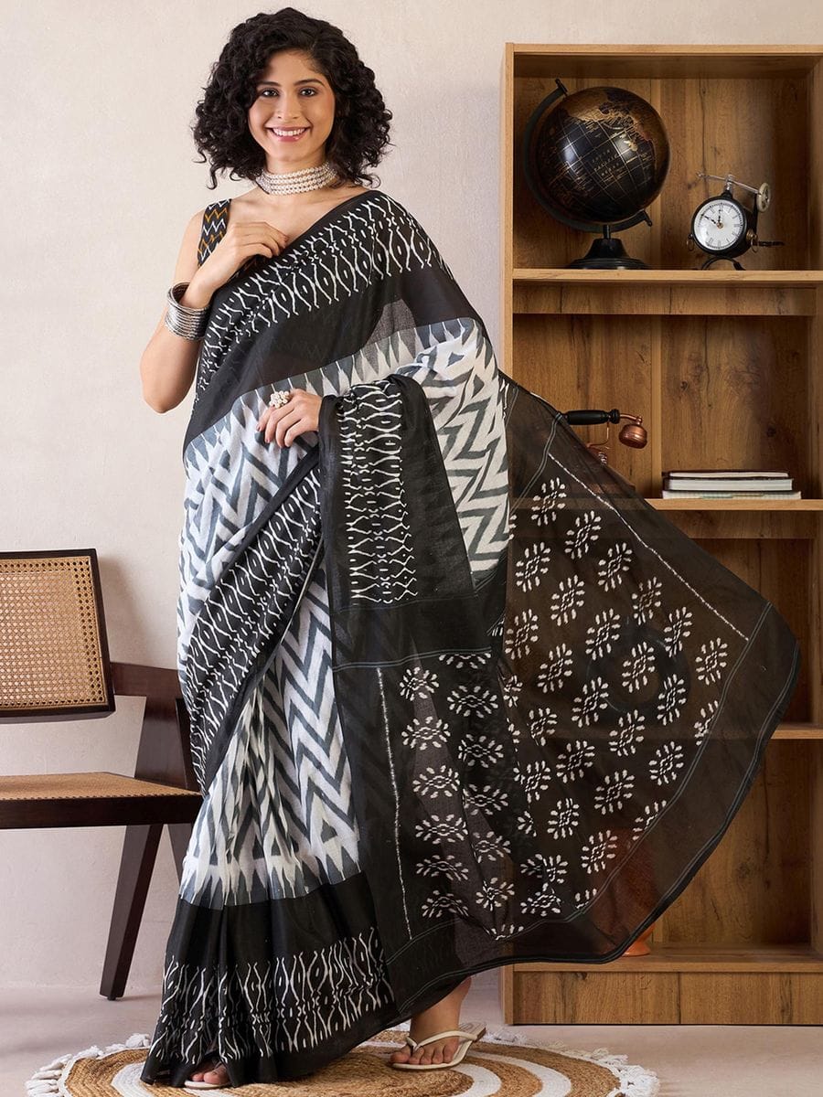 One Minute Ready To Wear Black & White Ethnic Motifs Poly Cotton Ikat With Pocket Saree