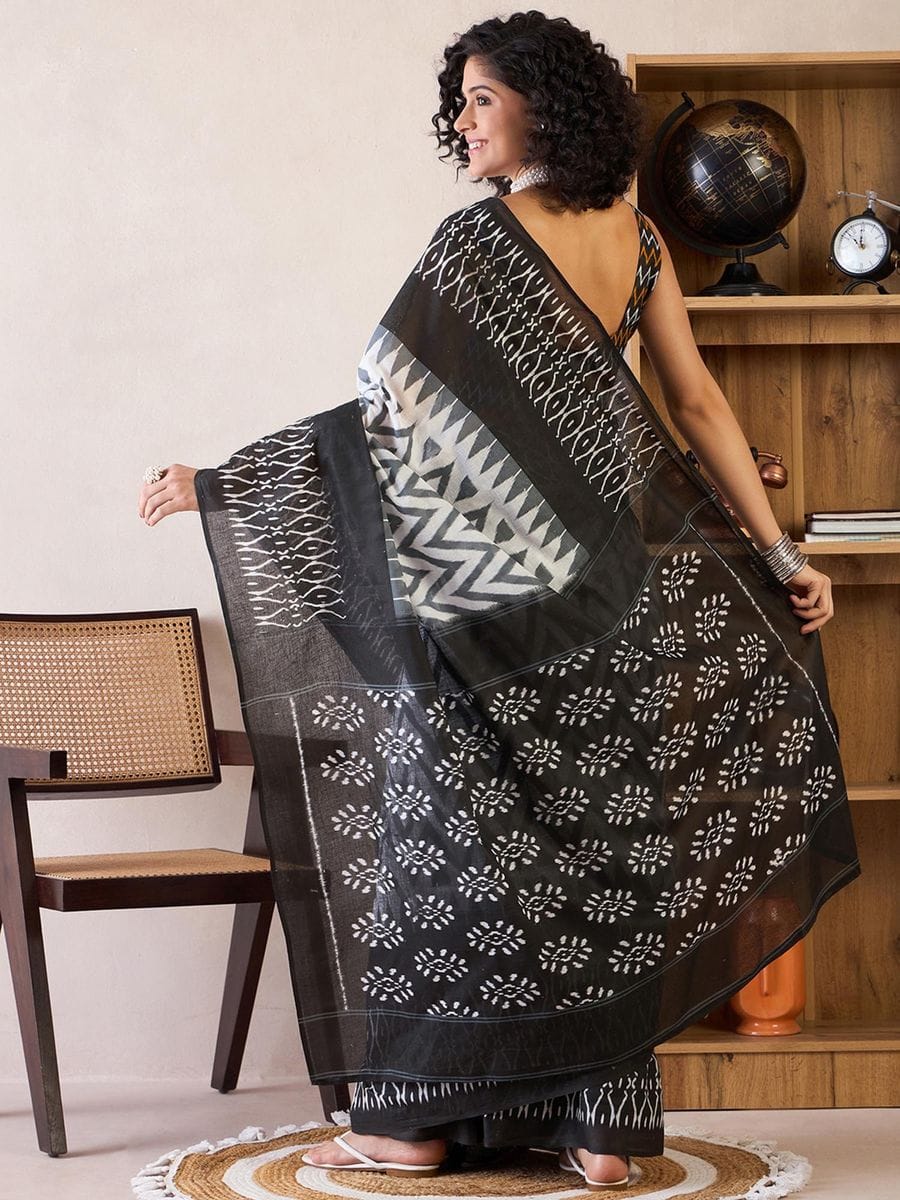 One Minute Ready To Wear Black & White Ethnic Motifs Poly Cotton Ikat With Pocket Saree