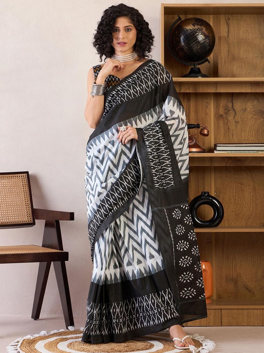 One Minute Ready To Wear Black & White Ethnic Motifs Poly Cotton Ikat With Pocket Saree