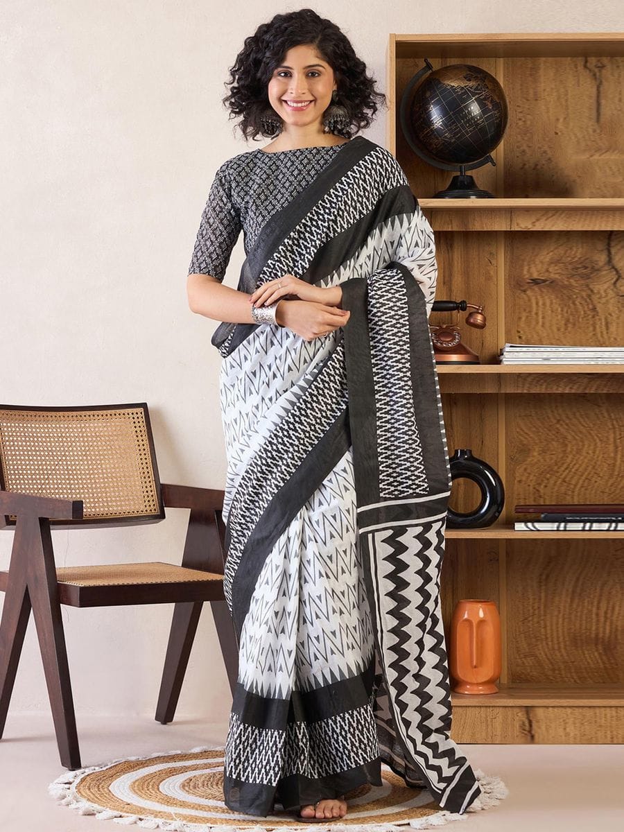One Minute Ready To Wear Black & White Ethnic Motifs Poly Cotton Ikat With Pocket Saree