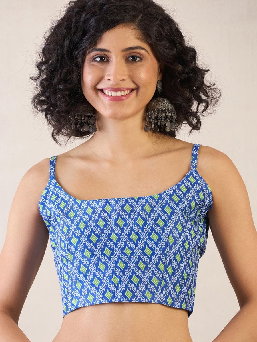 One Minute Ready To Wear Light Blue & Green Ethnic Motifs Poly Cotton Ikat With Pocket Saree