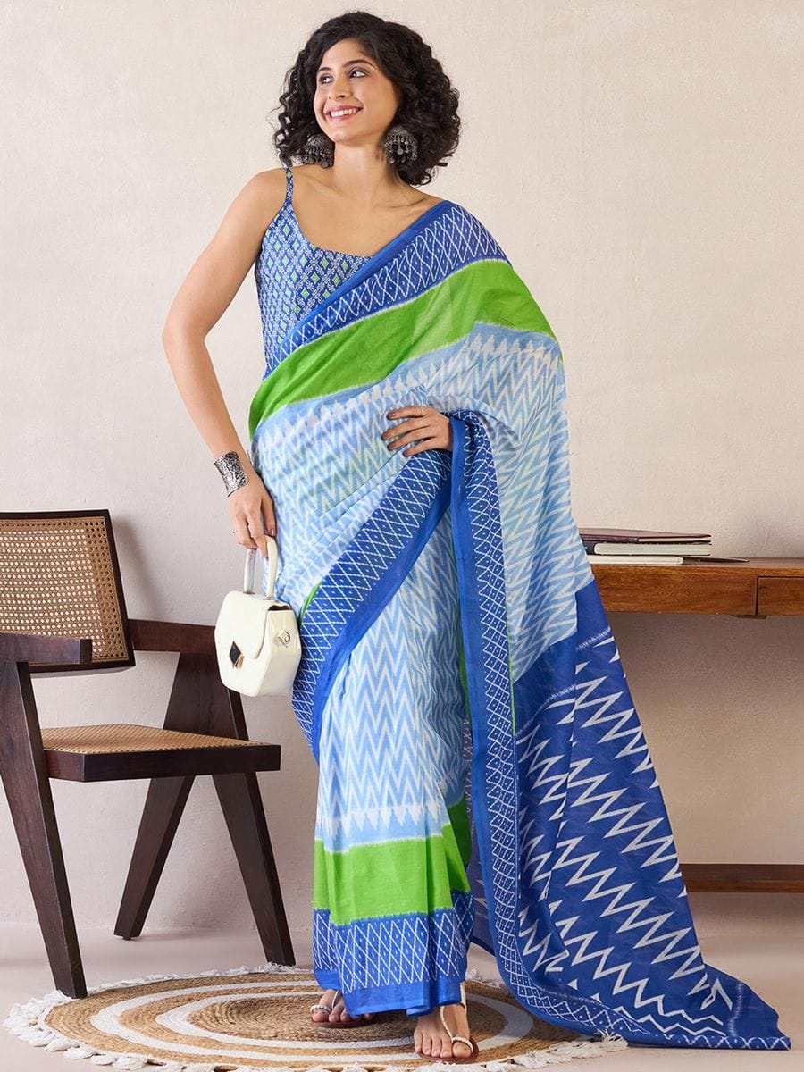 One Minute Ready To Wear Light Blue & Green Ethnic Motifs Poly Cotton Ikat With Pocket Saree