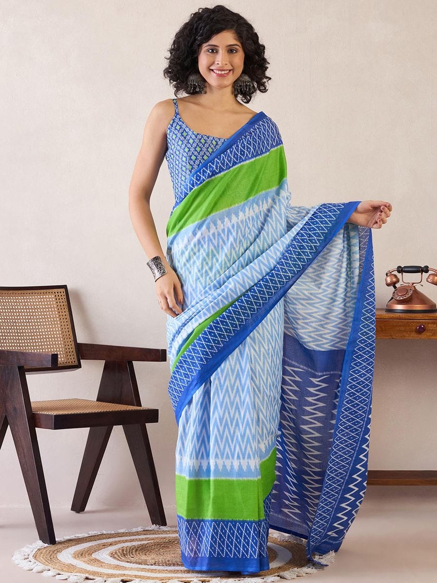 One Minute Ready To Wear Light Blue & Green Ethnic Motifs Poly Cotton Ikat With Pocket Saree