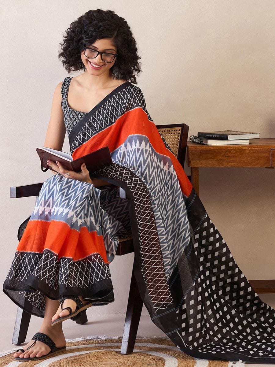 One Minute Ready To Wear Black & Orange Ethnic Motifs Poly Cotton Ikat With Pocket Saree