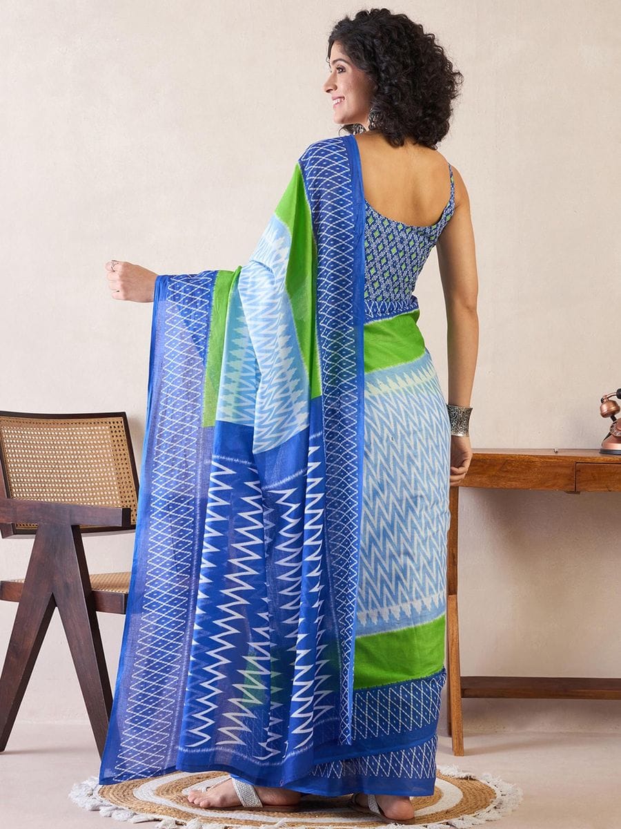One Minute Ready To Wear Light Blue & Green Ethnic Motifs Poly Cotton Ikat With Pocket Saree