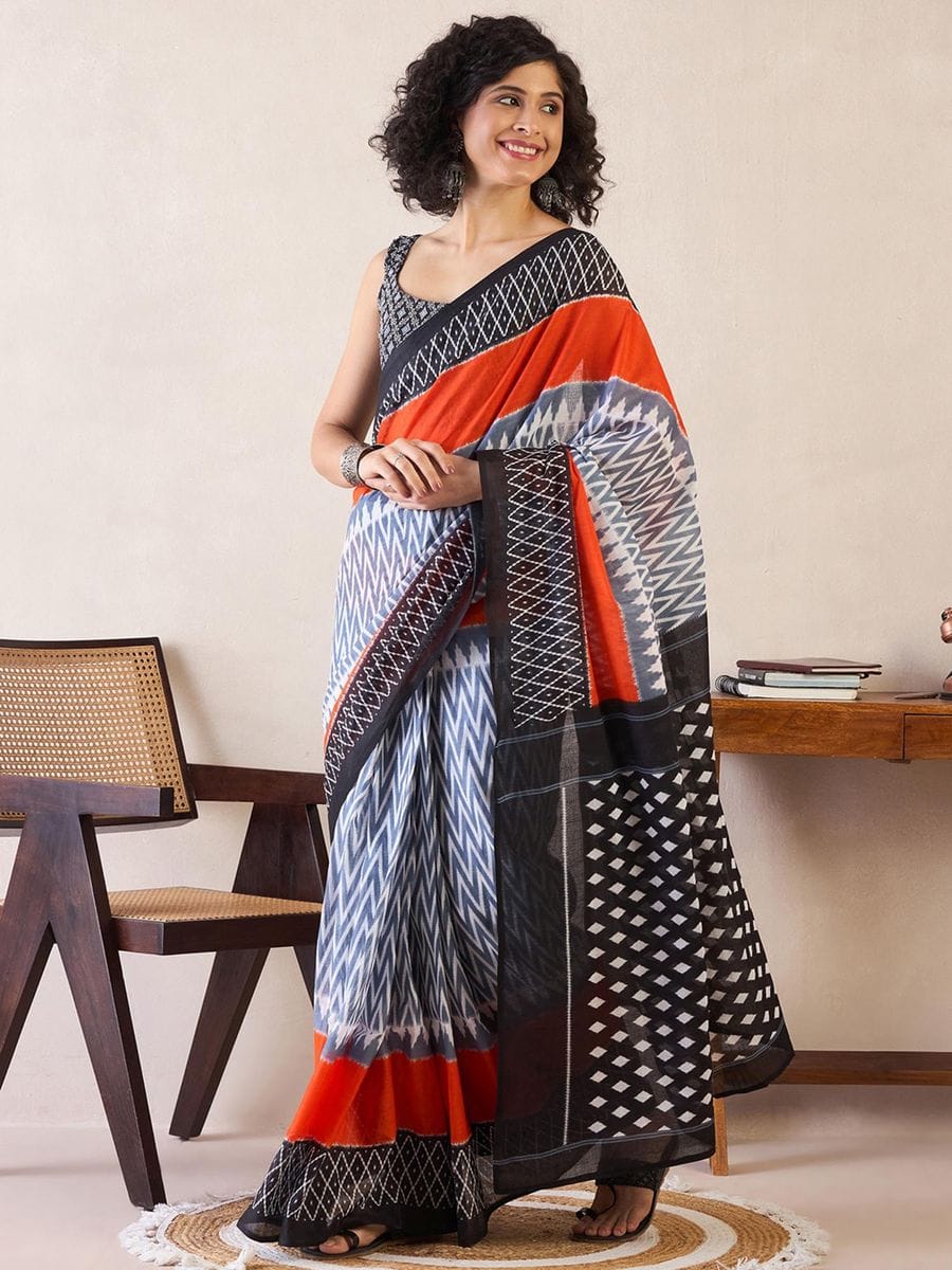 One Minute Ready To Wear Black & Orange Ethnic Motifs Poly Cotton Ikat With Pocket Saree
