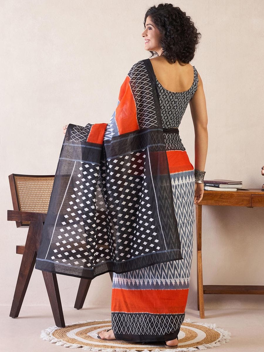 One Minute Ready To Wear Black & Orange Ethnic Motifs Poly Cotton Ikat With Pocket Saree