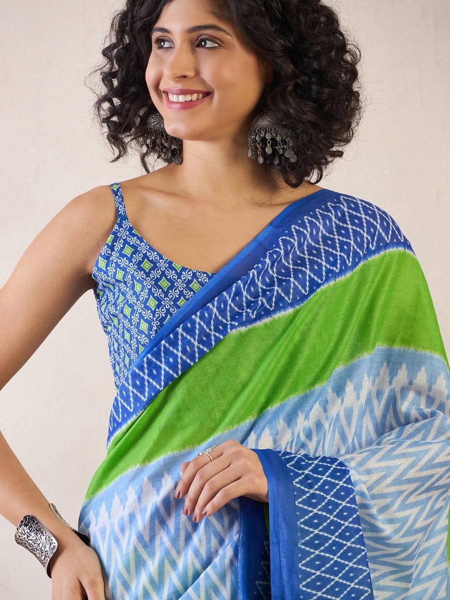 One Minute Ready To Wear Light Blue & Green Ethnic Motifs Poly Cotton Ikat With Pocket Saree