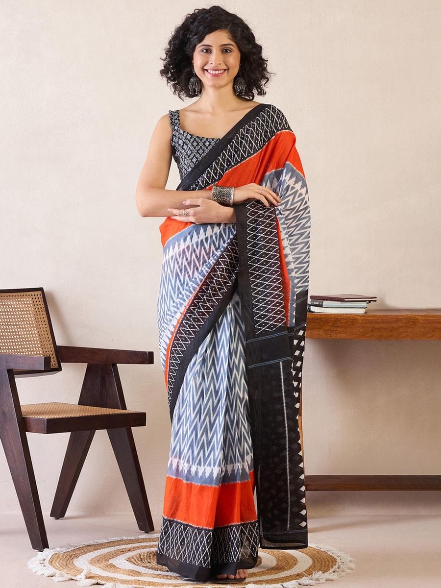 One Minute Ready To Wear Black & Orange Ethnic Motifs Poly Cotton Ikat With Pocket Saree