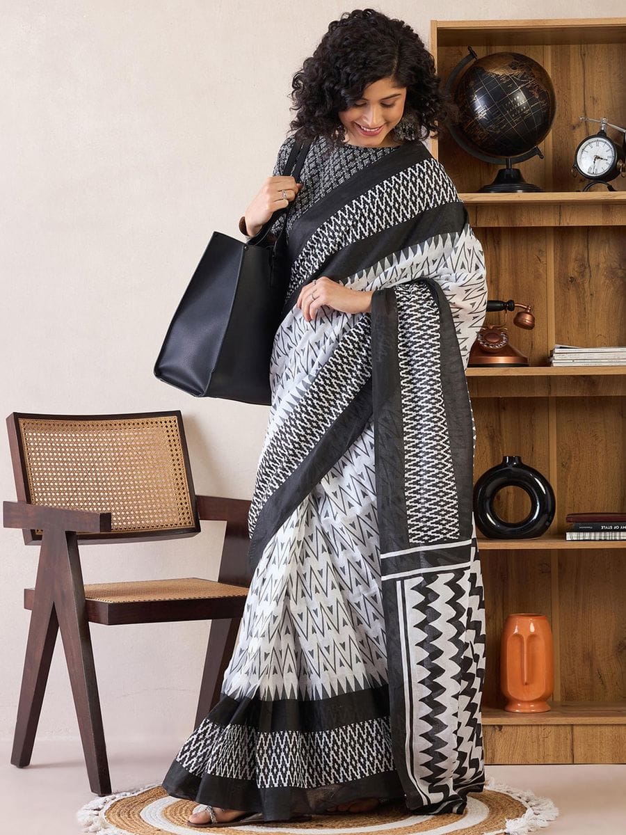 One Minute Ready To Wear Black & White Ethnic Motifs Poly Cotton Ikat With Pocket Saree