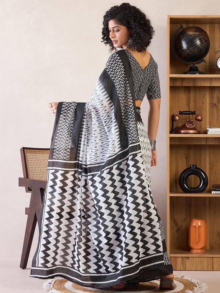One Minute Ready To Wear Black & White Ethnic Motifs Poly Cotton Ikat With Pocket Saree