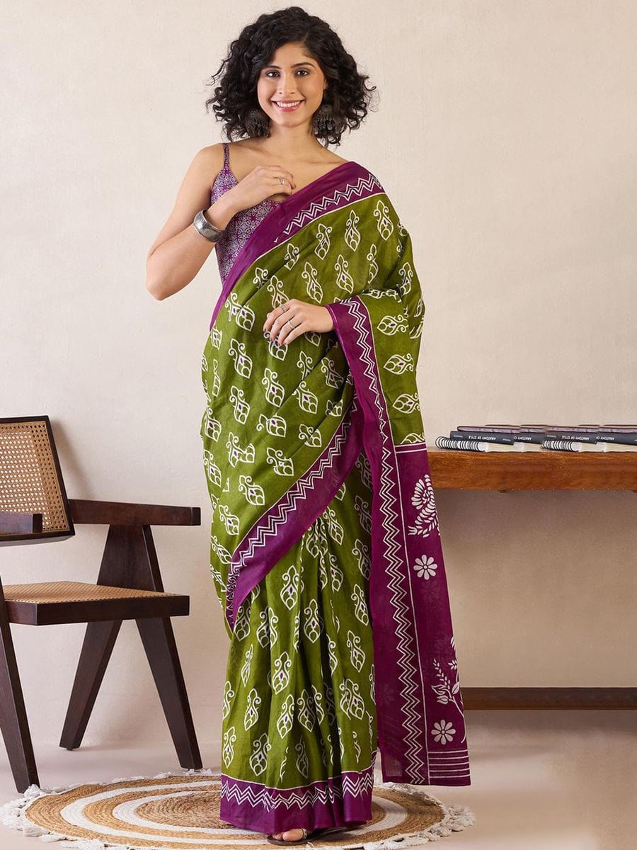 One Minute Ready To Wear Green & Purple Ethnic Motifs Poly Cotton Ikat With Pocket Saree