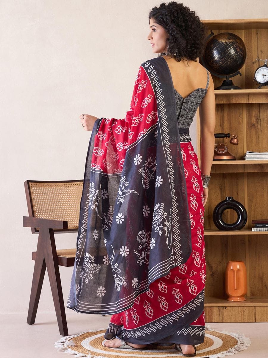 One Minute Ready To Wear Red & Purple Ethnic Motifs Poly Cotton Ikat With Pocket Saree