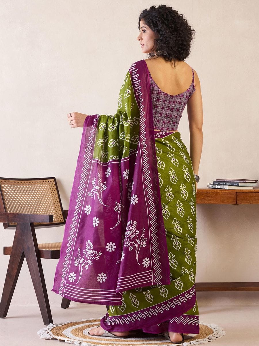 One Minute Ready To Wear Green & Purple Ethnic Motifs Poly Cotton Ikat With Pocket Saree