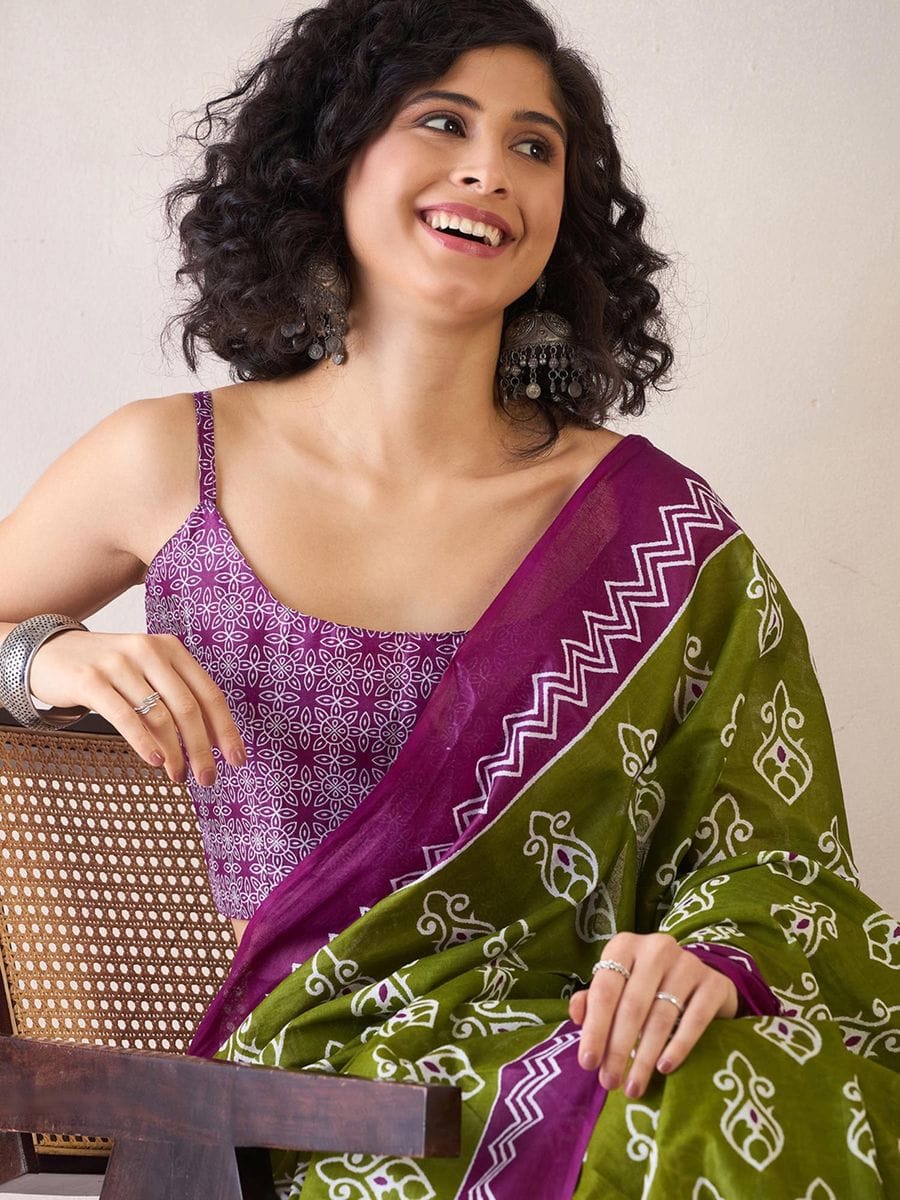 One Minute Ready To Wear Green & Purple Ethnic Motifs Poly Cotton Ikat With Pocket Saree