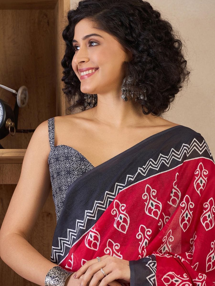 One Minute Ready To Wear Red & Purple Ethnic Motifs Poly Cotton Ikat With Pocket Saree